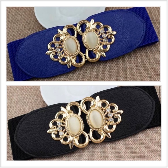 n/a Accessories - Blue & Black Elastic Leather Gemstone Wide Fashion Belt Set of 2